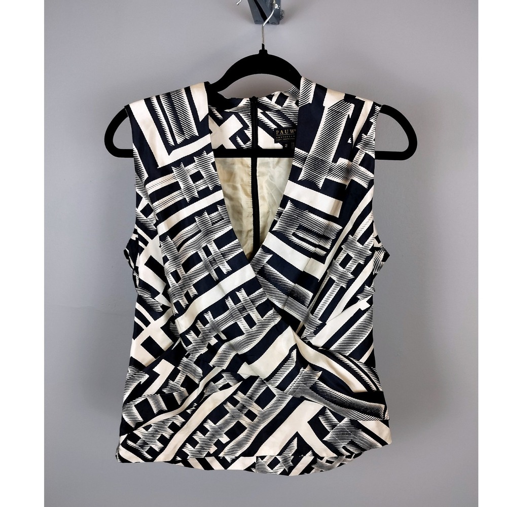 Pauw Amsterdam Silk Geometric Wrap Front Sleeveless Tank Top Navy‎ Cream